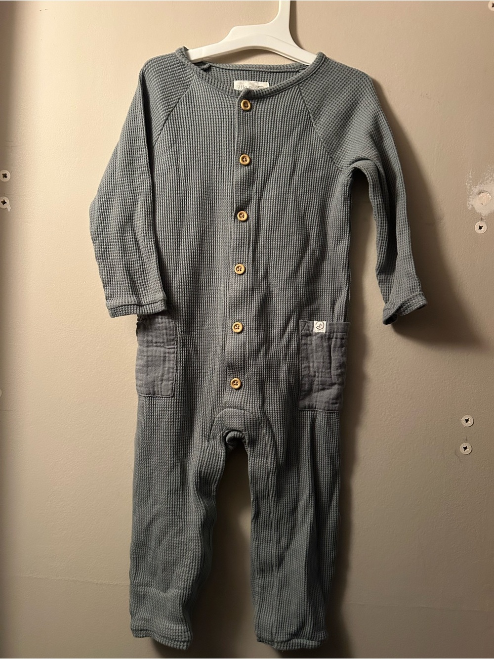 Kids Waffle-Knit Romper with Front Buttons - Dusty Blue